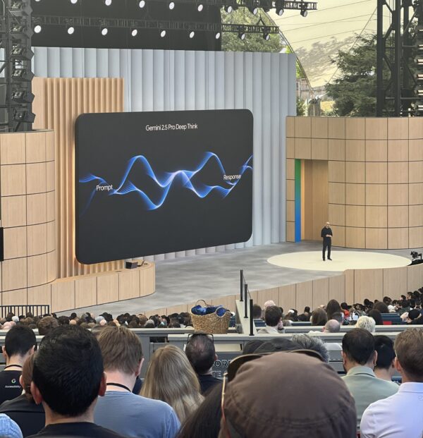 Stage at Shoreline Ampitheater during Google I/O 2025 during keynote. 