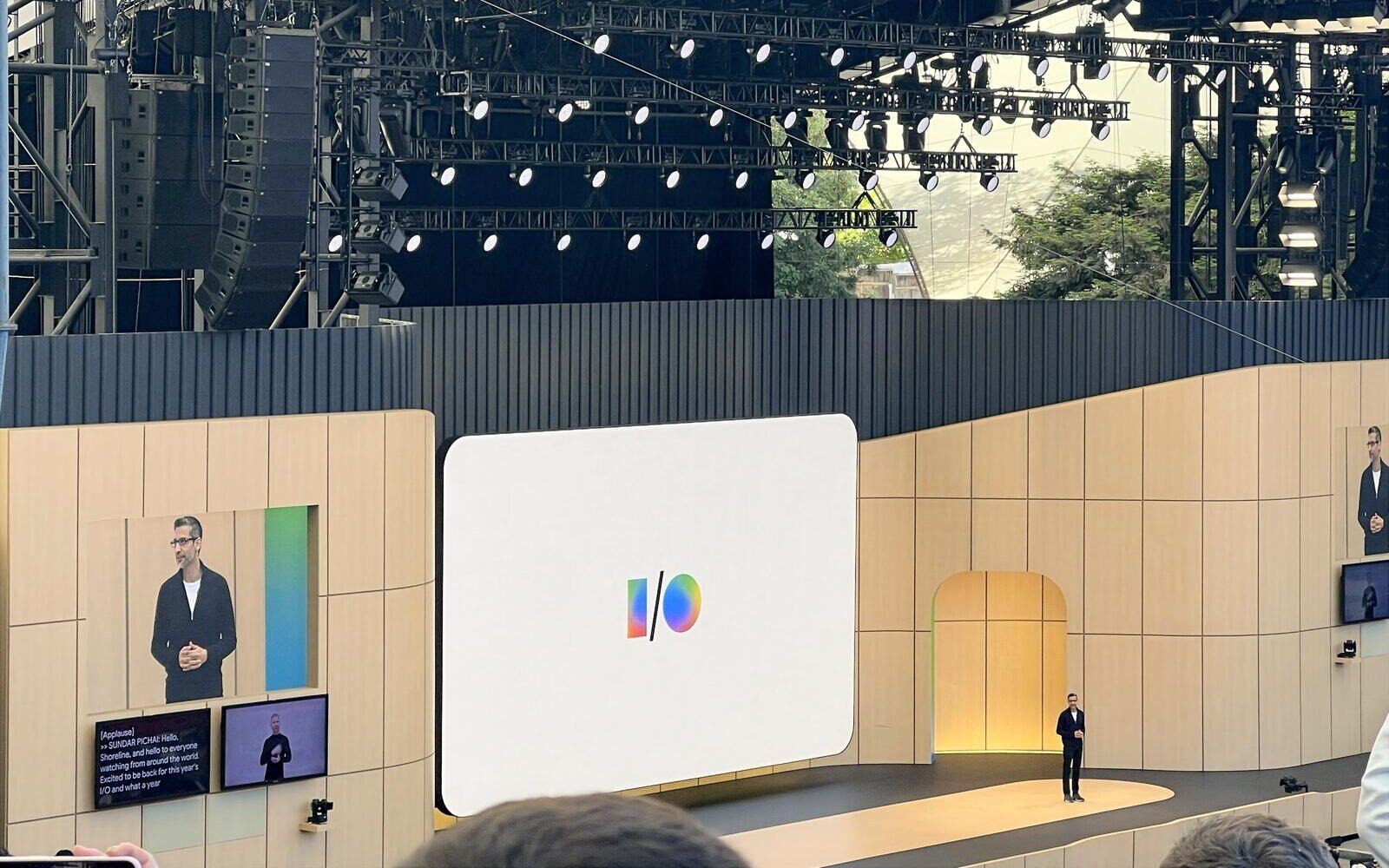 Sundar Pichai opening Google I/O 2026 keynote at Shoreline Amphitheatre.