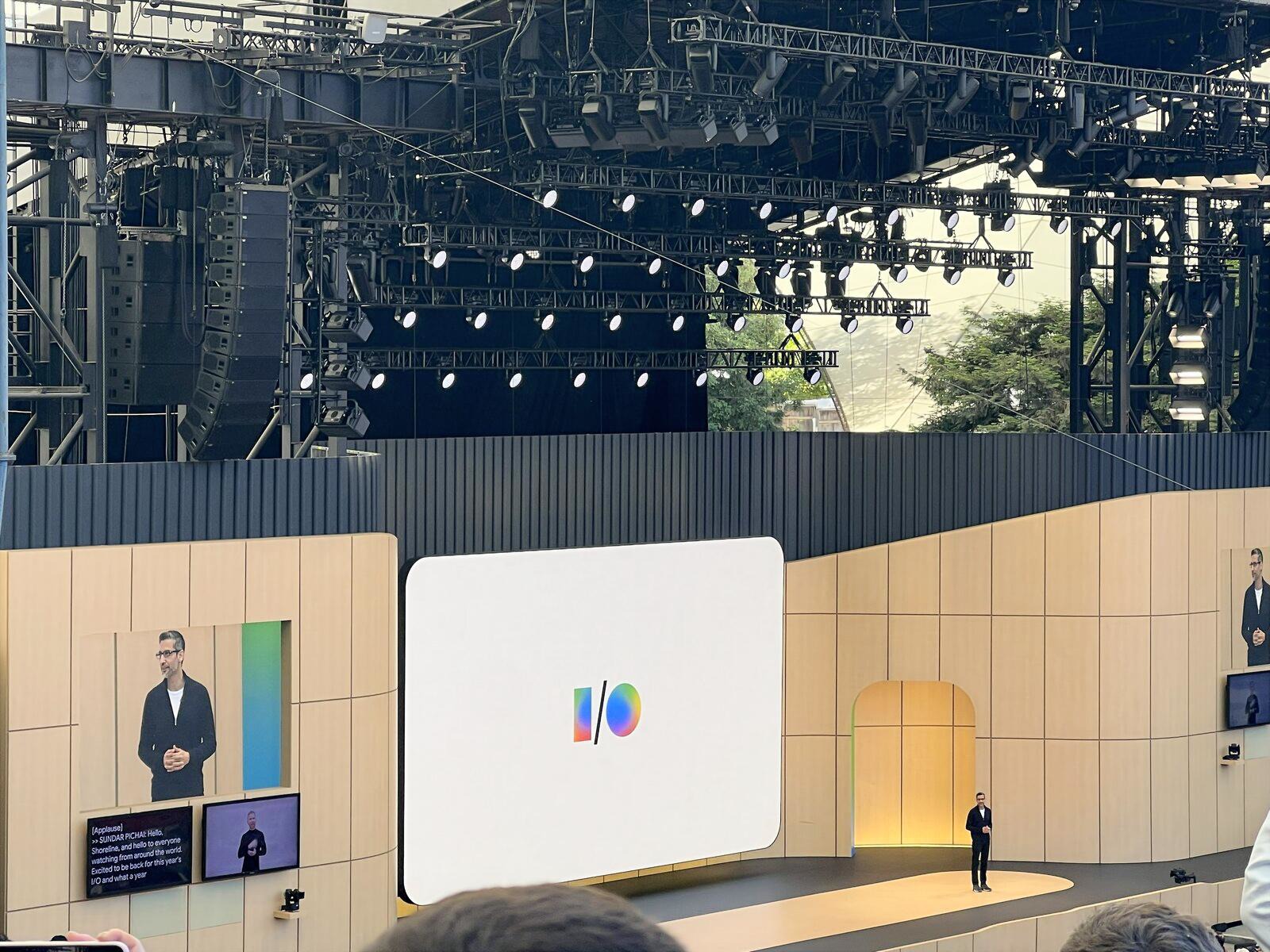 io2026_hero_sundar-pichai-opening-keynote Sundar Pichai opening Google I/O 2026 keynote at Shoreline Amphitheatre.